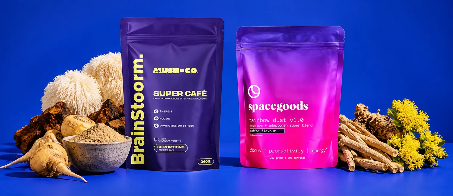 Brainstoorm och Spacegoods Rainbow Dust bland ashwagandharot, rosenrot och maca