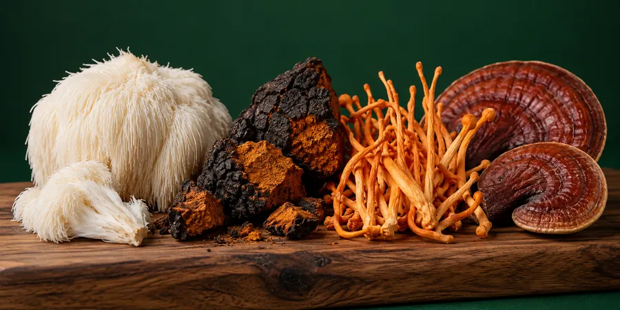 Lion's mane, chaga, cordyceps och reishi på ett träbord