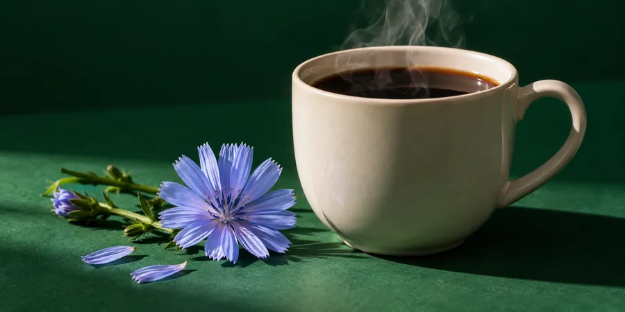 En kopp cikoriakaffe med en blå cikoriablomma bredvid