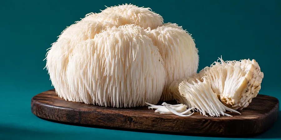 Färsk lion's mane, igelkottstaggsvamp, på en bricka