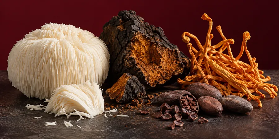 Lion's mane, chaga, cordyceps och kakao på ett bord